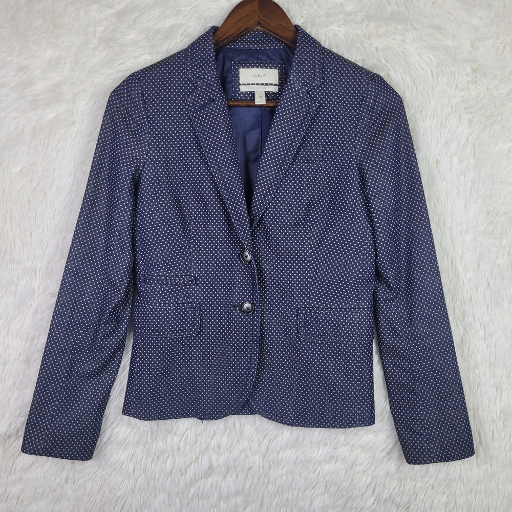 Sz 00 J Crew‎ Women's Navy Blue Schoolboy Blazer In Dot Preppy Classic